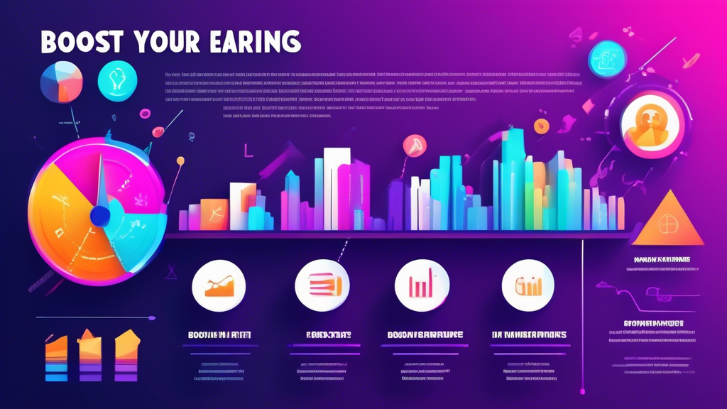 Create an infographic-style image that showcases the concept of boosting online earnings through affiliate marketing and advertising. Include visual elements like a digital dashboard with rising graphs, money symbols, and icons representing online platforms. Use vibrant colors and modern design elements to convey a sense of growth and success. Overlay text that says 'Boost Your Earnings with RevenueHits: A Comprehensive Guide', incorporating arrows and pathways leading to increased revenue.