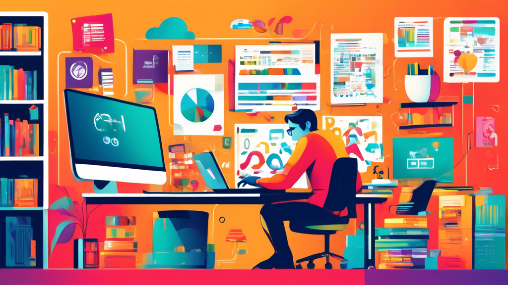 An illustration of a thoughtful publisher sitting at a desk surrounded by various colorful ad network logos and icons, weighing options with a scale, while analyzing data charts and reports on a computer screen, in a modern office setting with bookshelves and a coffee cup, conveying the idea of making informed decisions in the digital advertising landscape.