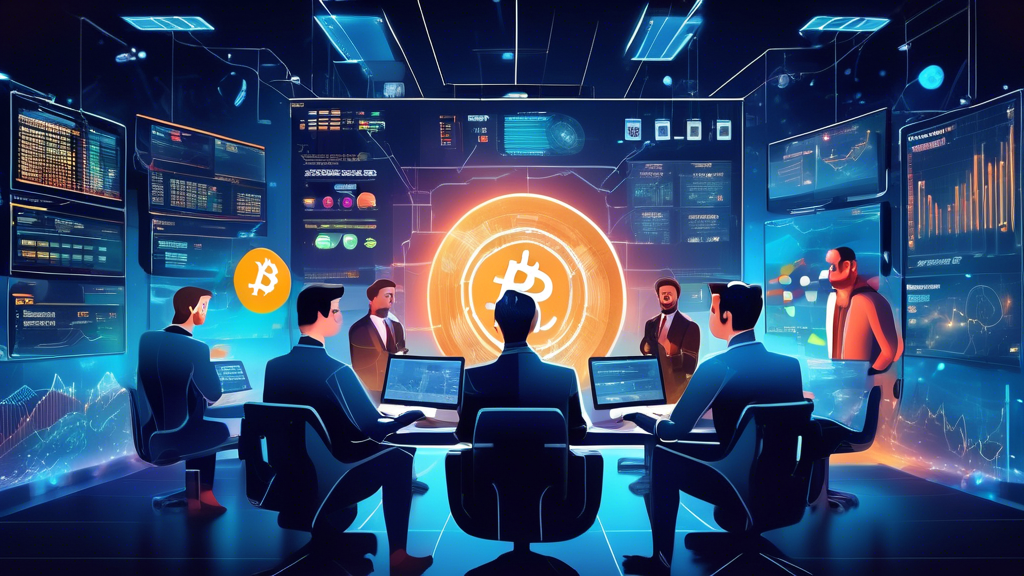 Create an image depicting a futuristic trading room with advanced technology and analytics screens displaying cryptocurrency charts and data. In the center, diverse financial experts are engaged in a discussion, with keywords like Bitpanda, price prediction, and 2023 strategies visible on the screens. The atmosphere should convey a sense of innovation and strategic planning in the world of cryptocurrency trading.