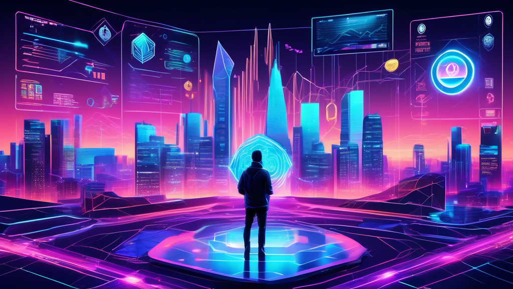An intricate digital landscape featuring various cryptocurrency logos like Bitcoin, Ethereum, and Binance Coin, interconnected with glowing neon lines. In the background, a futuristic skyline with digital screens displaying market trends, graphs, and statistics. In the foreground, a tech-savvy investor analyzing data on a holographic interface, with elements symbolizing security, growth, and innovation.