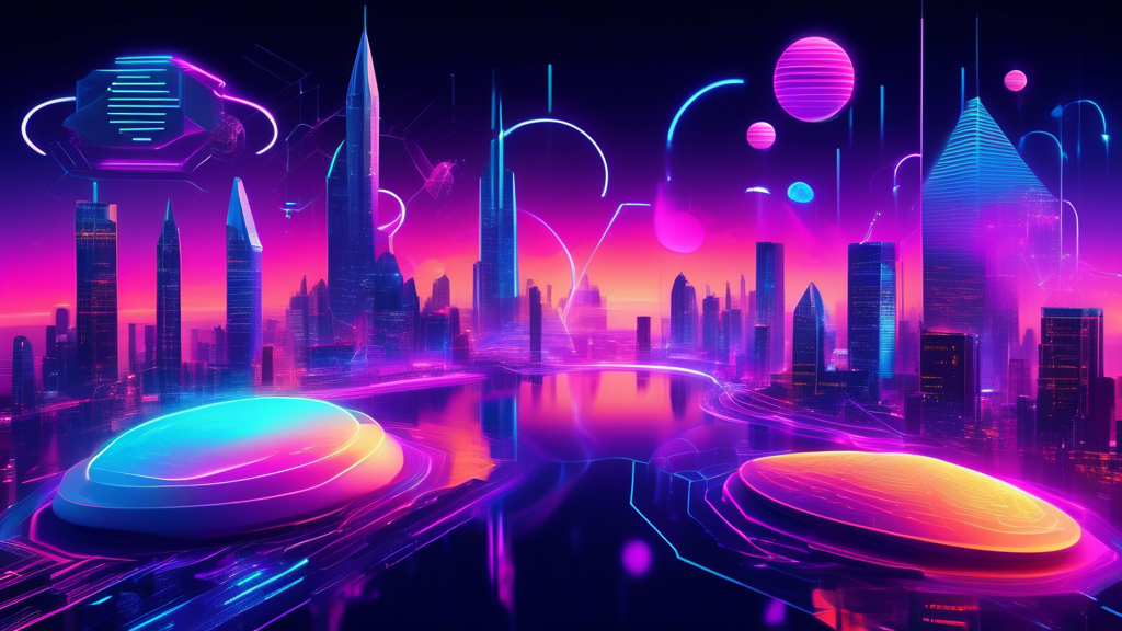 Create a futuristic, vibrant digital landscape showcasing the best crypto ecosystem of 2022. Include diverse cryptocurrencies represented by unique symbols, interconnected blockchain networks, and sophisticated decentralized finance (DeFi) platforms. Highlight innovative technologies, secure transactions, and a thriving digital marketplace. Use a blend of neon and holographic colors to emphasize the modern and cutting-edge nature of the ecosystem.