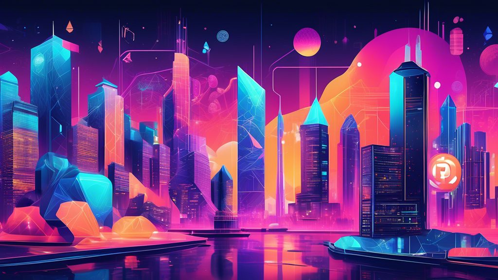Create a detailed digital illustration showcasing various top contenders in the crypto ecosystem. Depict vivid, interconnected futuristic cities each symbolizing a major cryptocurrency like Ethereum, Binance Smart Chain, Polkadot, and Solana. Each city should have its unique architectural style and color scheme to represent its distinct community and technological innovations. Include people engaging in digital transactions, blockchain nodes, and various dApps (decentralized applications) to illustrate a thriving and interconnected crypto ecosystem.