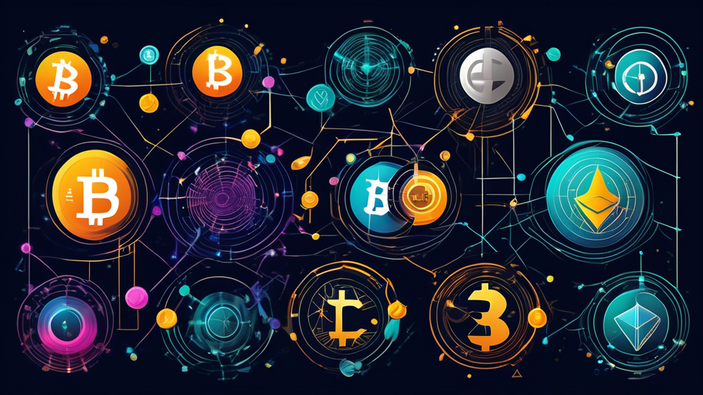 Create a detailed digital poster illustrating various prominent cryptocurrencies within different ecosystems. The design should feature a vibrant, interconnected web of popular cryptocurrencies, such as Bitcoin, Ethereum, Binance Coin, Cardano, Solana, and Polkadot. Each cryptocurrency should be represented by its logo and name, linked by a network of lines, signifying interactions and relationships. Include small, informational tags highlighting key features or purposes of each cryptocurrency. The background should evoke a sense of digital technology and financial innovation.