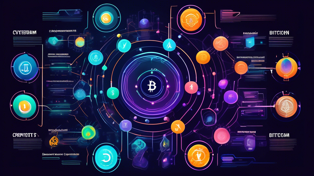 Create a detailed and visually engaging diagram that represents the entire cryptocurrency ecosystem. Include elements like Bitcoin, Ethereum, altcoins, blockchain technology, crypto wallets, mining rigs, decentralized finance (DeFi) platforms, smart contracts, non-fungible tokens (NFTs), and cryptocurrency exchanges. Use vibrant colors and modern design to illustrate the interconnectedness of these components, making sure each element is clearly identifiable and distinct.
