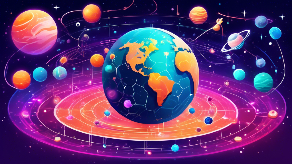 Create an illustration that represents the Cosmos crypto ecosystem. Show various planets interconnected by blockchain networks, each planet symbolizing different elements such as decentralization, scalability, and interoperability. Include imagery that depicts nodes, validators, and crypto tokens orbiting around a central hub labeled Cosmos. Use a vibrant cosmic background filled with stars, galaxies, and the endless expanse of the universe to signify the vast potential and reach of the Cosmos ecosystem.