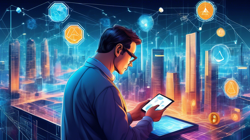 Create a detailed illustration of an advanced blockchain and cryptocurrency ecosystem. Depict futuristic cityscapes integrated with digital currency hubs, blockchain towers, and interconnected network pathways. Incorporate elements like holographic data streams, tech-savvy people, and financial graphs. Add a digital portrait of Nouriel Roubini analyzing these elements with a tablet in hand, highlighting his insights and expertise in the field.