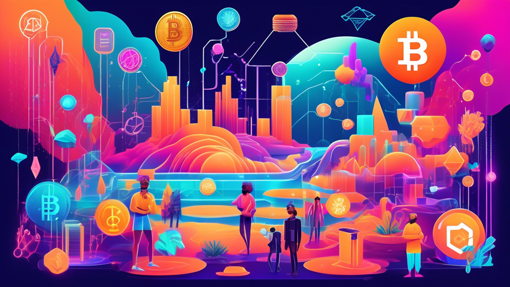 Create an image depicting a vibrant and diverse digital landscape representing various cryptocurrency ecosystems. Include symbols and logos of different cryptocurrencies like Bitcoin, Ethereum, and Cardano. Show interconnected blockchain networks with a futuristic, high-tech aesthetic. People and avatars from different cultures and backgrounds can be interacting, showcasing innovation and collaboration. Include elements like decentralized finance (DeFi), NFT art, and smart contracts to highlight the diversity within the crypto world.