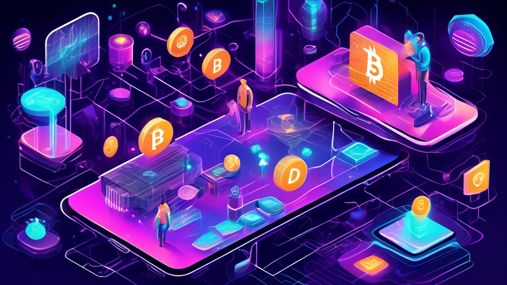 Create a detailed digital illustration showcasing a vibrant and futuristic cryptocurrency ecosystem. The scene should feature an interconnected network of glowing blockchain nodes, diverse cryptocurrencies represented by unique icons floating in a digital space, and tech-savvy individuals trading and interacting with advanced holographic interfaces. Include elements like digital wallets, decentralized applications, and smart contracts as part of the environment. The color scheme should be a mix of neon blues, purples, and greens to emphasize the high-tech and innovative nature of the new crypto ecosystem.