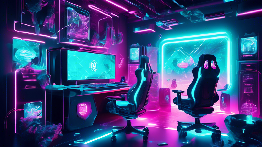 Create an image of a futuristic gaming setup where players are immersed in a virtual world. Incorporate elements of cryptocurrency, such as digital coins and blockchain visuals, floating around or being integrated into the gaming environment. Use a vibrant color palette with neon lights to emphasize the advanced technology and the excitement of gaming.