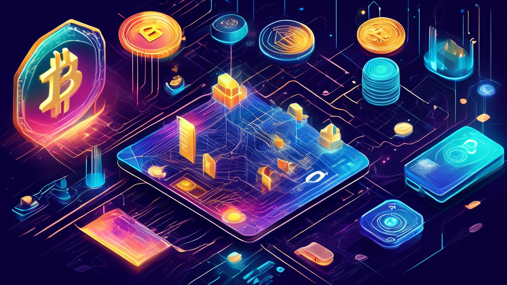 Create an image illustrating the dynamic and interconnected ecosystem of cryptocurrency. Depict various elements such as digital coins, blockchain networks, decentralized finance (DeFi) platforms, and smart contracts, all interacting within a vibrant and futuristic landscape. Incorporate visual representations of technology and innovation, such as circuit board patterns and holographic interfaces, to emphasize the continuous evolution and growth of the cryptocurrency space.