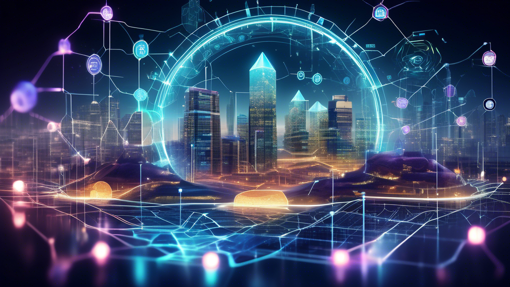 Create an image illustrating the evolving ecosystem of cryptocurrency. Depict a dynamic, futuristic environment where various cryptocurrencies like Bitcoin, Ethereum, and others interact as living entities. Show digital coins transforming and growing, connected by a network of digital streams resembling blockchain. Include elements representing innovation, such as glowing circuits, data streams, and futuristic cityscapes in the background, blending technology and finance in a harmonious, vibrant setting.