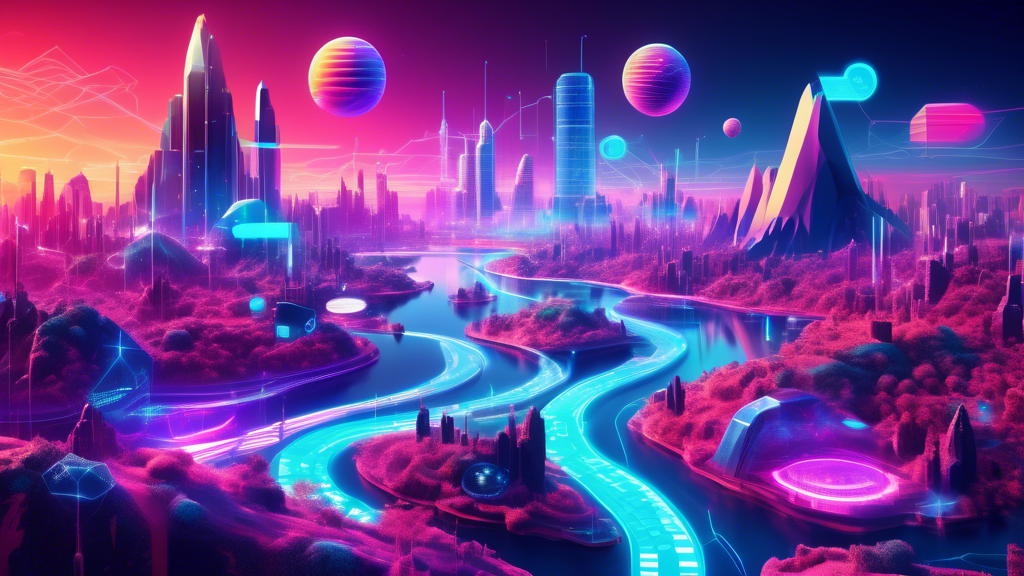 Create an image depicting a futuristic digital landscape representing the fastest growing crypto ecosystem in 2023. Include elements like diverse blockchain technologies, smart contracts, crypto coins with advanced designs, and dynamic graphs showing rising trends. Integrate holographic displays, decentralized finance applications, and a diverse group of people interacting with the ecosystem through high-tech devices. Add a vibrant color palette and a sense of rapid growth and innovation.