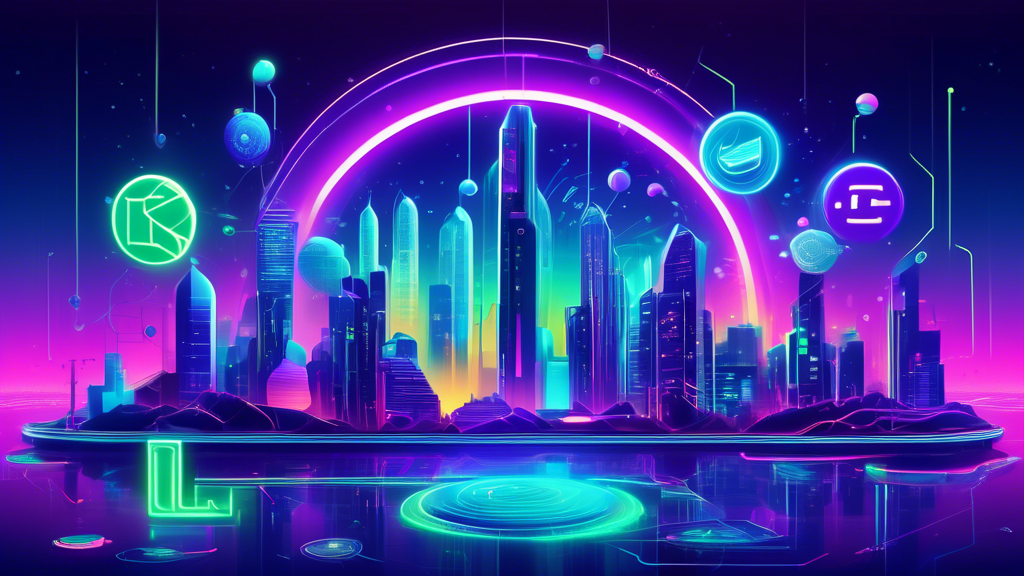 Create a futuristic digital illustration of the Luna cryptocurrency ecosystem. Imagine a high-tech cityscape with various decentralized financial services and platforms interconnected by glowing blockchain networks. Include digital wallets, market charts, and currency symbols floating holographically around the city. Use vibrant colors like blues, purples, and neon greens to evoke a sense of innovation and technological advancement.