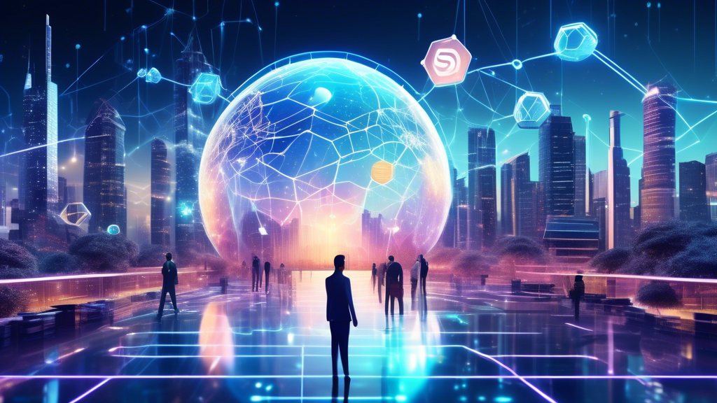 Create a futuristic scene showcasing the Cosmos ecosystem in the digital finance world. Imagine a high-tech cityscape with blockchain nodes connected by glowing lines that represent transactions. Floating holograms display cryptocurrency symbols, charts, and graphs. Include diverse individuals using advanced devices to manage their finances, illustrating the global accessibility and inclusivity of the Cosmos ecosystem. In the background, futuristic architecture and AI-driven robots emphasize the advanced technological integration. Use a color palette that combines vibrant neons and sleek metallics to highlight the innovative and forward-thinking nature of the digital finance future.