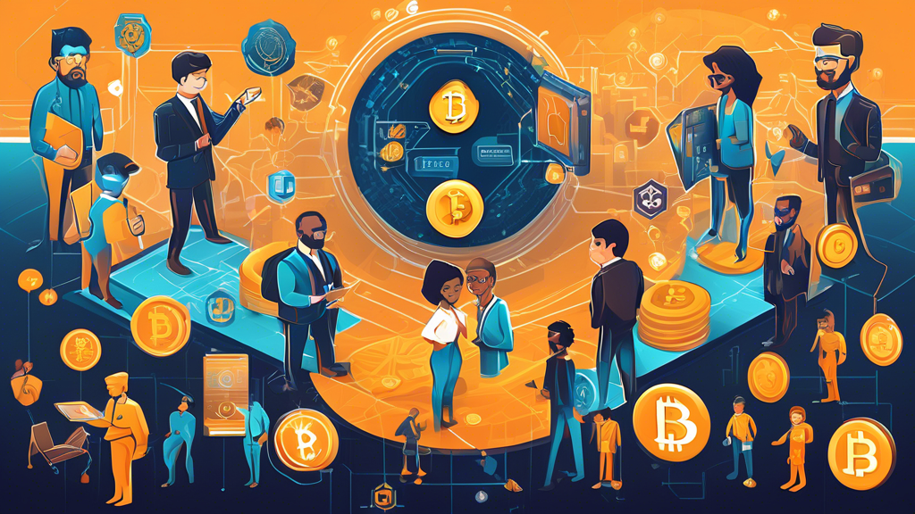Create an intricate digital illustration showcasing key players in the cryptocurrency ecosystem. Depict a diverse group including pioneers, developers, investors, and influencers, each interacting with symbols of major cryptocurrencies like Bitcoin, Ethereum, and others. Incorporate visuals of blockchain technology, digital wallets, futuristic cityscapes, and interconnected networks to emphasize the thriving, collaborative nature of the crypto community.