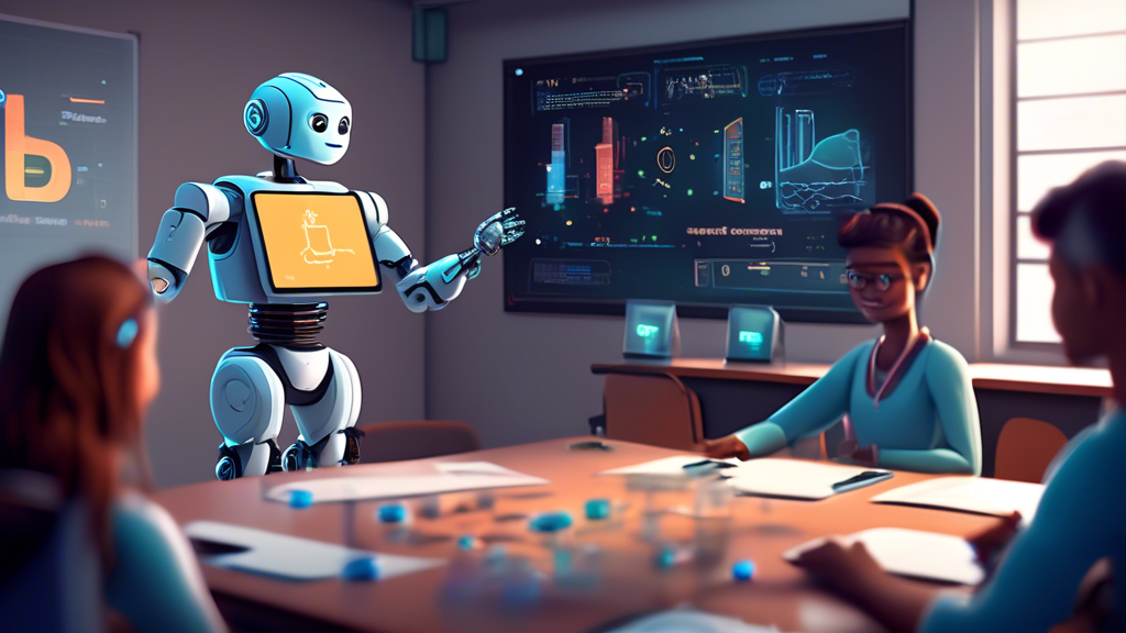 Create an image of a friendly, approachable robot explaining the basics of Ledu Crypto to a diverse group of beginners. The scene is set in a modern classroom with futuristic technology, including holographic screens displaying charts and graphs. The atmosphere should be inviting and educational, with elements like books, notepads, and a blackboard with simple crypto-related terms. The Ledu Crypto logo should be subtly incorporated into the design.