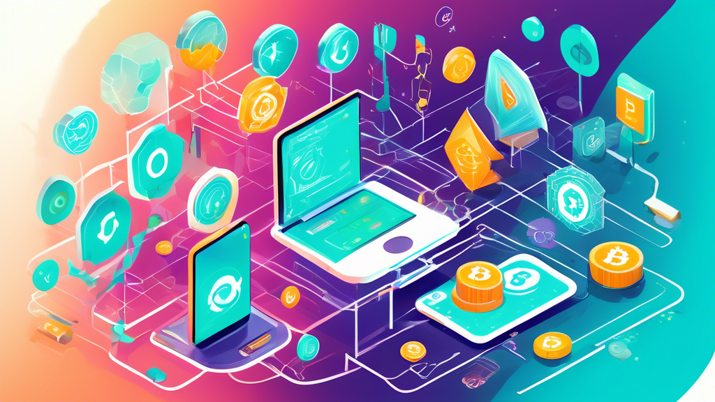 Create an illustration that visually represents a simplified ecosystem of cryptocurrency. Include elements such as a digital wallet, various cryptocurrencies like Bitcoin and Ethereum, blockchain nodes interconnected in a web, and an individual engaging with these components. Use a beginner-friendly, educational style with vibrant colors to make the complex subjects approachable and easy to understand.