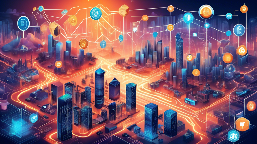 Create a visually compelling image that represents the ecosystem of cryptocurrency. Depict a digital landscape filled with various elements such as blockchain chains, diverse cryptocurrencies like Bitcoin, Ethereum, and Ripple, mining rigs, secure digital wallets, and decentralized finance symbols. Include nodes and networks interconnected to signify transactions, alongside a backdrop of futuristic cityscapes and technology symbols to emphasize innovation and complexity.
