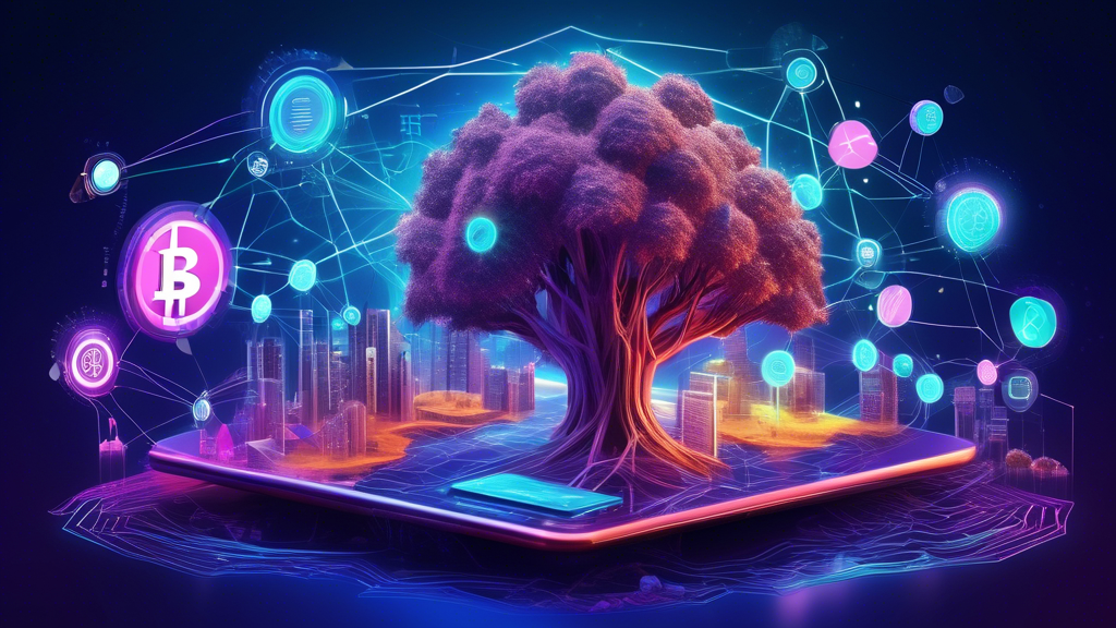 Create an image that showcases a vibrant and interconnected digital ecosystem within the world of cryptocurrency. Portray elements such as blockchain networks, digital wallets, smart contracts, and decentralized applications, all interwoven like a natural ecosystem with trees, roots, and rivers. Include symbols like Bitcoin, Ethereum, and other crypto tokens as part of this thriving digital environment, highlighting their interconnectedness and the flow of transactions between them. The scene should convey a sense of complexity, innovation, and organic growth.