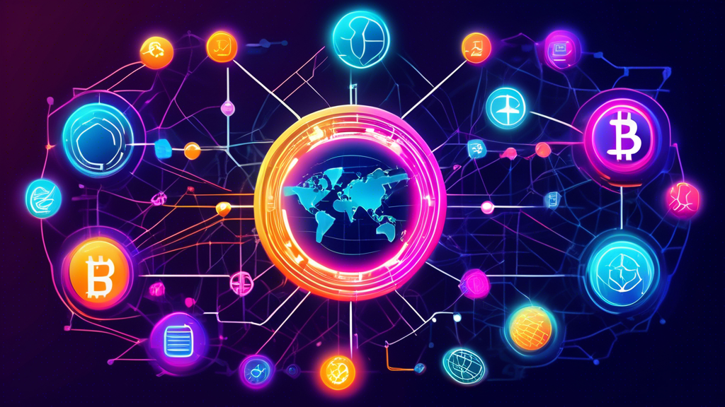 Create an image depicting a vibrant and interconnected crypto ecosystem: various cryptocurrencies symbolized by their logos (like Bitcoin, Ethereum, and Ripple) orbiting around a central digital globe, lines representing blockchain connections weaving through them. Show some elements like decentralized apps (dApps), digital wallets, and crypto exchanges integrated into the scene. Ensure the background conveys a futuristic, digital ambiance with neon hues and circuit patterns.