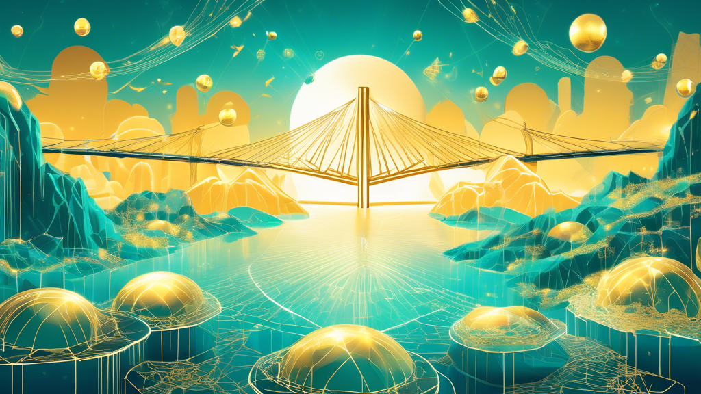 Create a visually stunning digital artwork depicting an interconnected ecosystem of various cryptocurrencies, symbolized by vibrant, floating islands connected by shimmering, golden bridges. Each island features unique elements representing different crypto projects, while a radiant sun labeled 'Potential' shines brightly in the sky, illuminating the entire scene.