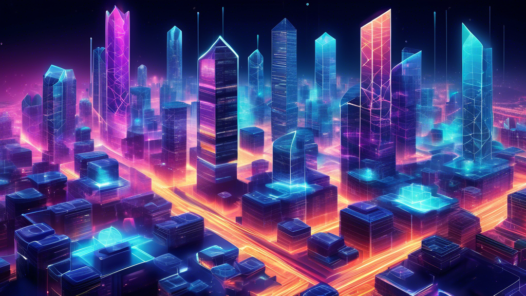 Create an image depicting the vibrant potential of the blockchain ecosystem. Visualize a futuristic cityscape intertwined with a digital network of glowing blockchain nodes, symbolizing connectivity and innovation. Incorporated into the scene are diverse elements such as smart contracts, decentralized finance icons, and digital assets, all converging seamlessly with everyday life. Highlights include excited individuals, both professionals and everyday users, showcasing a universally accessible and thriving blockchain-integrated society.
