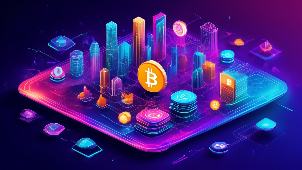 Create a digital illustration showcasing various cryptocurrency ecosystems of 2022. Include well-known icons and symbols for major cryptocurrencies like Bitcoin, Ethereum, and Solana, interconnected with digital pathways representing blockchain networks. The background should feature futuristic cityscapes with holographic data displays and charts depicting growth trends. Emphasize vibrant colors and a high-tech, innovative atmosphere.