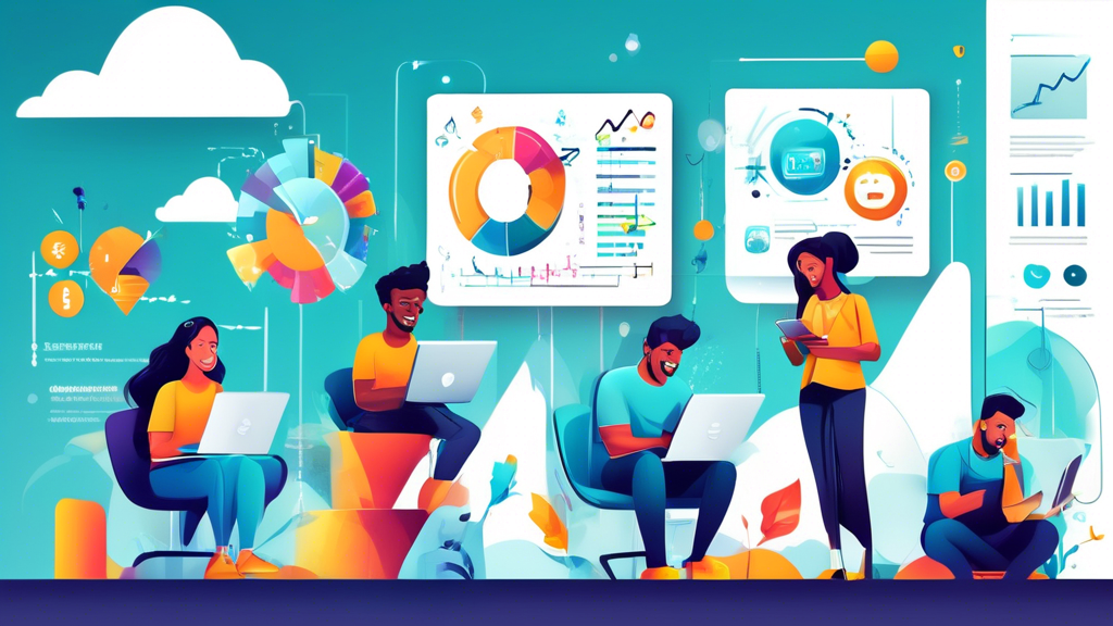 Create an engaging and visually appealing illustration depicting a group of diverse app developers excitedly analyzing revenue graphs and app performance metrics on laptops and tablets. Include elements representing mobile advertising, such as ad banners and pop-ups, with a bright and modern background showcasing app icons and an upward trending arrow symbolizing growth. The mood should be energetic and optimistic, reflecting the potential of using StartApp ads to boost revenue.
