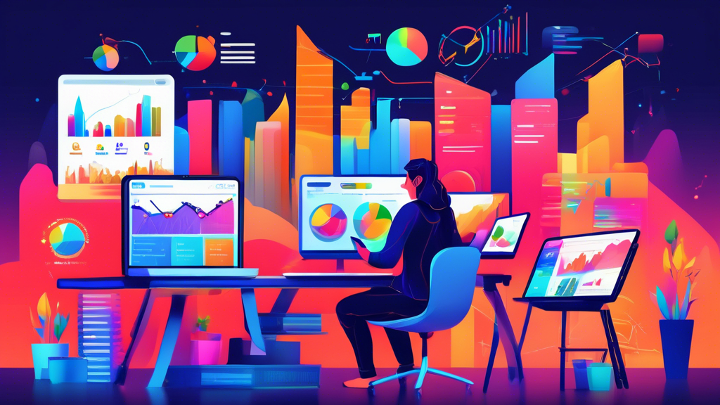 An illustration depicting a digital marketing professional analyzing a colorful dashboard filled with graphs and metrics, while Google Display Network ads are showcased on various device screens (laptop, tablet, smartphone). The background features a vibrant cityscape, symbolizing a broad audience reach. Include elements like charts with upward trends and diverse people engaging with ads to convey the concept of maximizing reach in advertising.