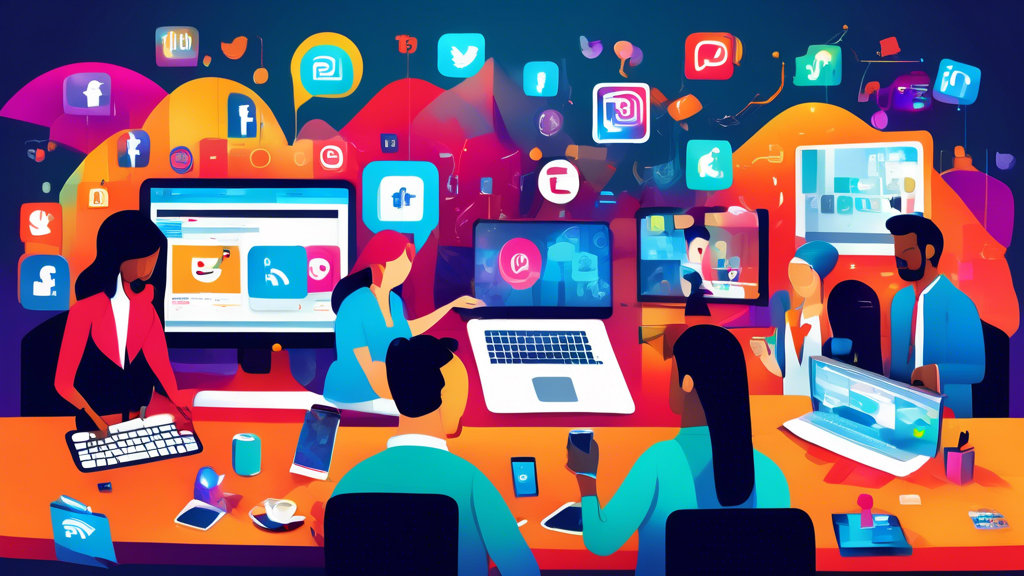 An artistic representation of a bustling digital marketplace showcasing top social media marketing companies. The scene features diverse professionals collaborating over laptops and digital tablets, with vibrant social media icons floating around. Include elements symbolizing brand growth, such as upward-trending graphs and colorful advertisements, all set in a modern office environment with bright, engaging colors.